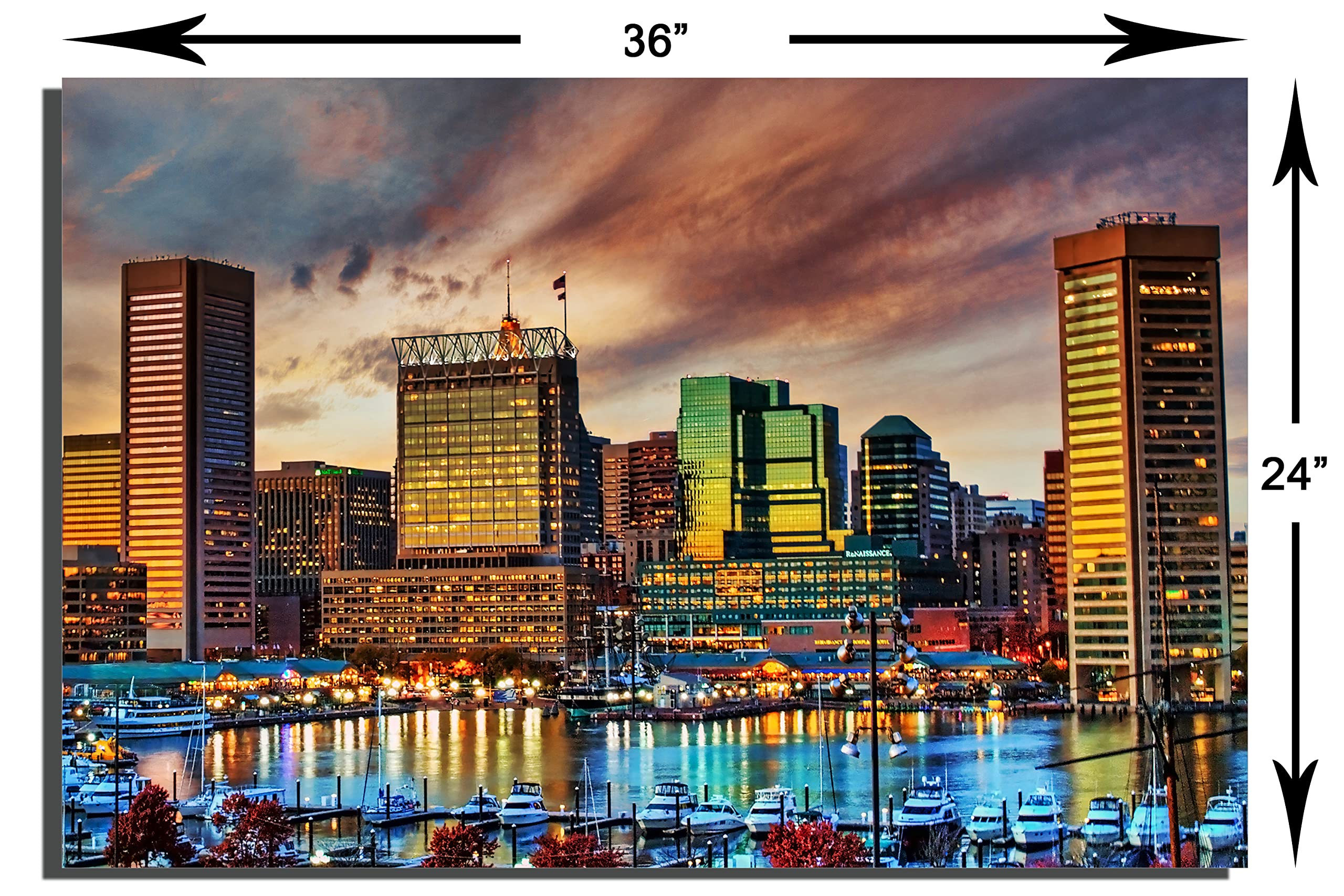 Baltimore MD Metal Print Wall Art - 36 x 24 Canvas Quest Inner Harbor Sunset Skyline | Home & Office Decor, Living Room Wall Decor, Gift for Baltimore Lovers