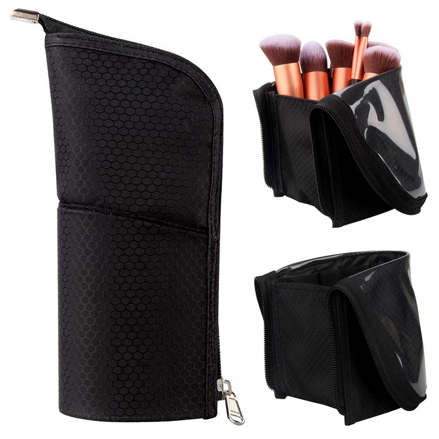 Professional Makeup Brush Case - Large Travel Cosmetic Brush Holder Bag, Waterproof Foldable Stand-up Organizer for Makeup Artists & Essentials (Black, Large) | Perfect for Travel, Home Storage & Professional Use