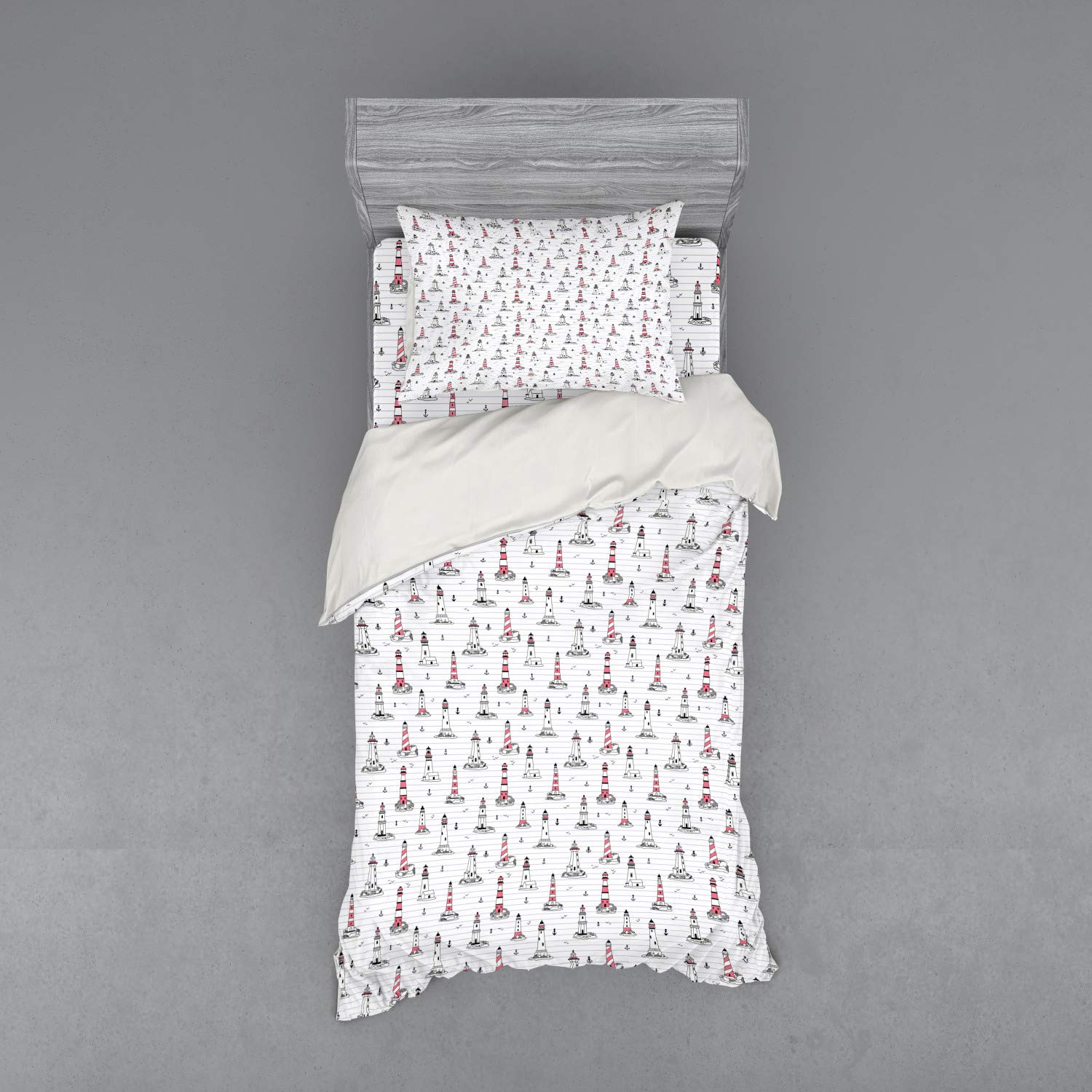Ambesonne Lighthouse Bedding Set - Nautical Themed 3-Piece Duvet Cover with Notebook Pattern, Seagulls & Anchors Design in Pink Lilac Black, Twin Size | Perfect for Coastal Bedrooms, Beach House Decor & Nautical Theme Rooms