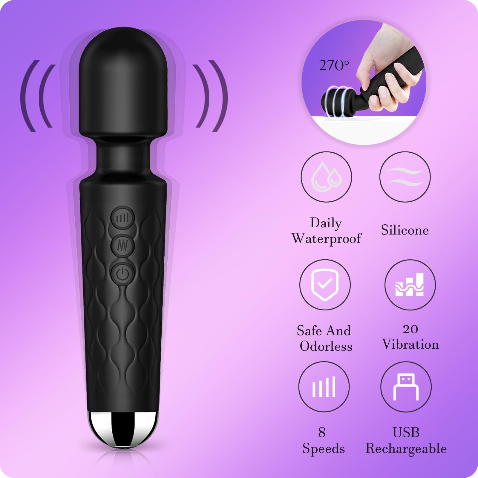 SANJIANKE Powerful Wand Vibrator for Women - 8 Speeds & 20 Patterns G-Spot & Clitoral Stimulator, Waterproof & Ultra Quiet Adult Sex Toy - Perfect for Solo Play, Couples Massage & Stress Relief (Black)