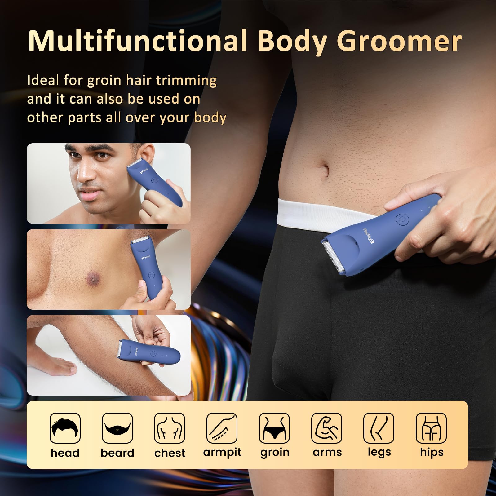 ENSSU Rechargeable Men's Body Hair Trimmer with LED Light & Waterproof Design - Pubic, Chest & Ball Trimmer with Charging Dock & Indicator (Blue) - Perfect for Travel, Gym & Home Grooming