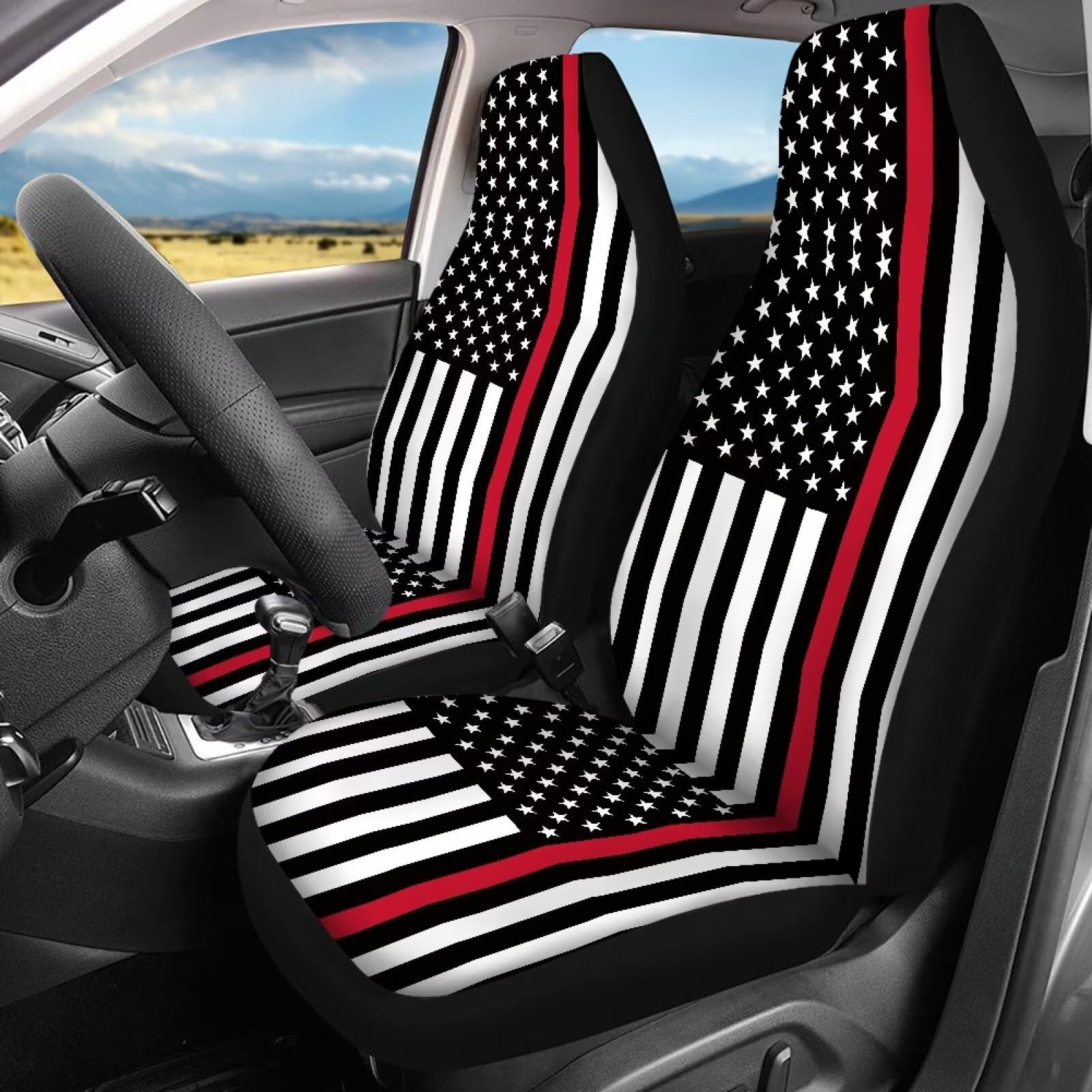 Xoenoiee 4-Pack American Flag Print Car Seat Covers - Full Set Front & Back Bench Seat Protectors | Universal Fit Dust-Proof Auto Accessories for Trucks, SUVs & Sedans | Perfect for Road Trips, Camping & Patriotic Decor
