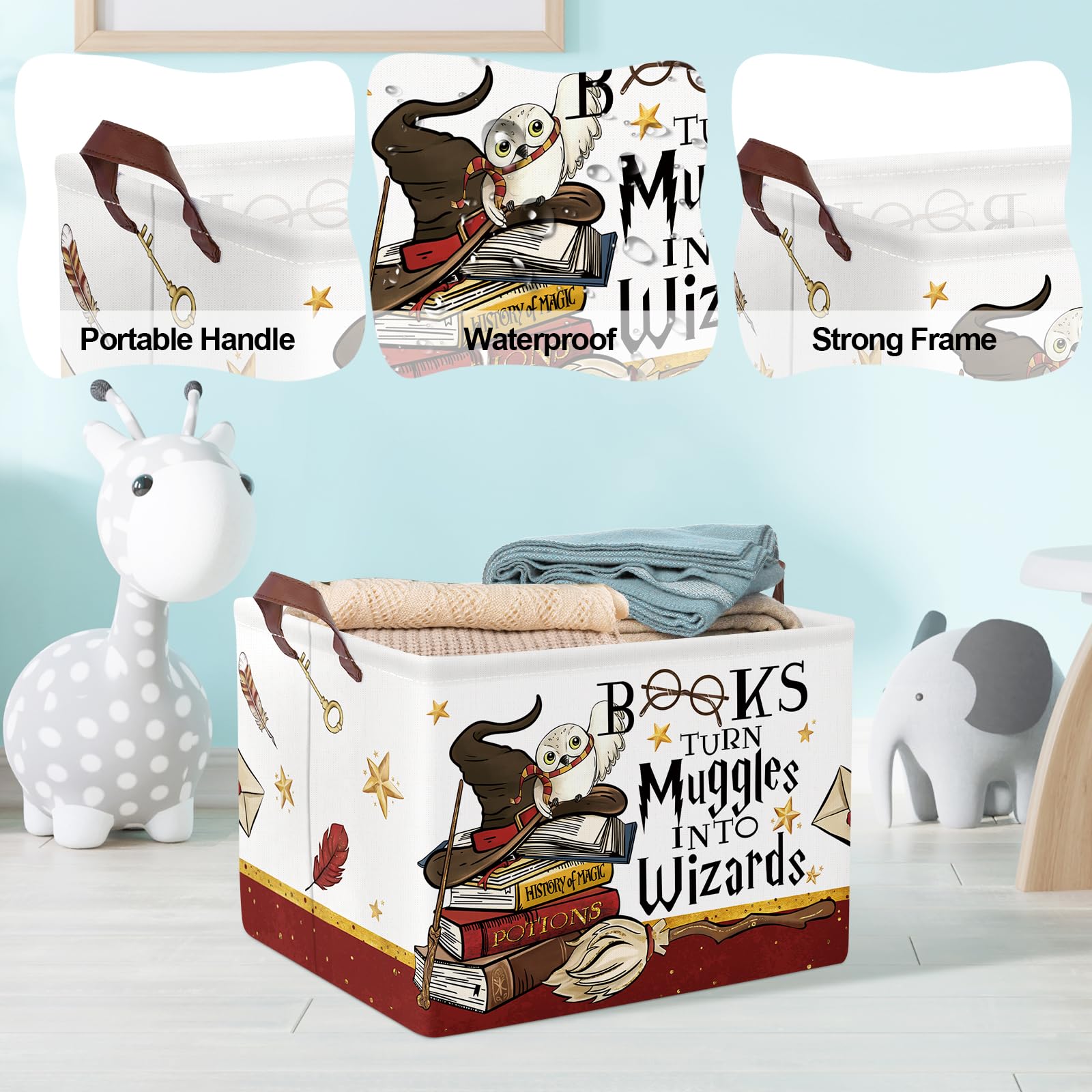 Clastyle Magic Nursery Decor - Large Brown Feather Wand Hat Basket & Broomstick Owl Gift for Kids | Collapsible Toy Bin, Book Shelf & Clothes Storage | Perfect for Baby Room Organization & Themed Birthday Parties