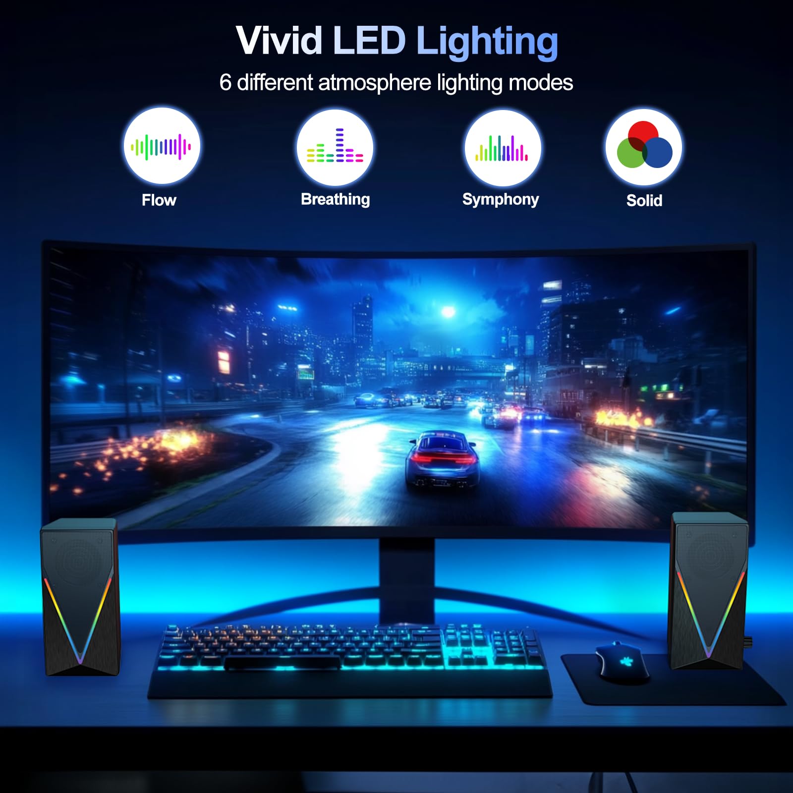 Computer Speakers with RGB Lights - USB Powered Desktop Speakers for PC, Laptop, Monitor | Enhanced Bass, Volume Control & Headphone Jack | Gaming & Music Setup for Home Office, Streaming & Entertainment