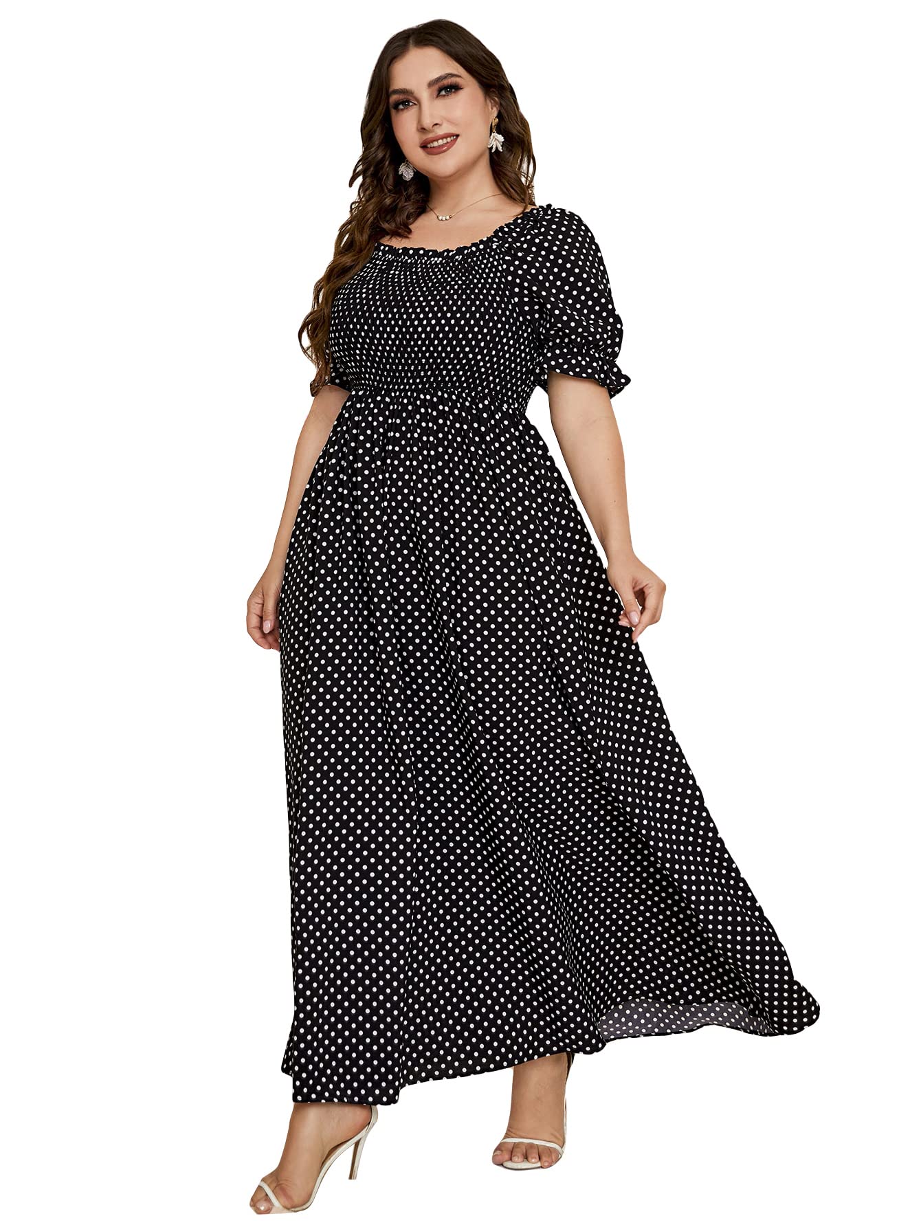 Plus Size Boho Floral Maxi Dress for Women - Curvy Short Sleeve Shirred Square Neck Long Dress | Perfect for Beach Vacations, Summer Parties & Boho Fashion