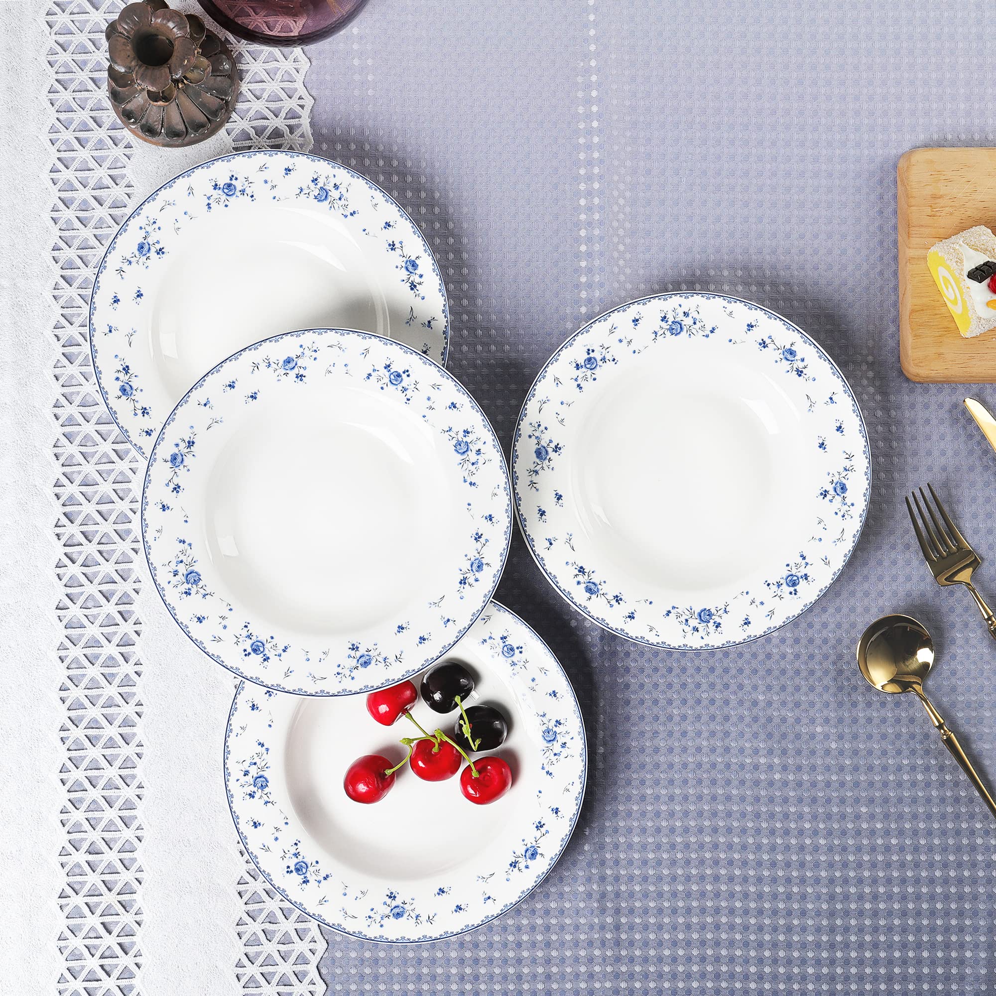 Fanquare 8 Inch Porcelain Soup Bowls Set of 4 - Round Pasta Plates for Salad, Dessert, Snack - Blue Roses Design - Perfect for Dining, Entertaining & Everyday Use