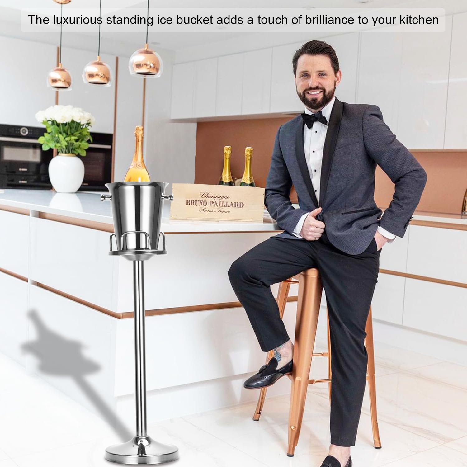 Stainless Steel Champagne Ice Bucket with Stand - 12Lb Capacity Hammered Wine Chiller for Party, Bar, KTV, BBQ & Home Decor (3ft Tall, Silver, 1 Pack) - Perfect for Weddings, Cocktail Parties & Outdoor Entertaining