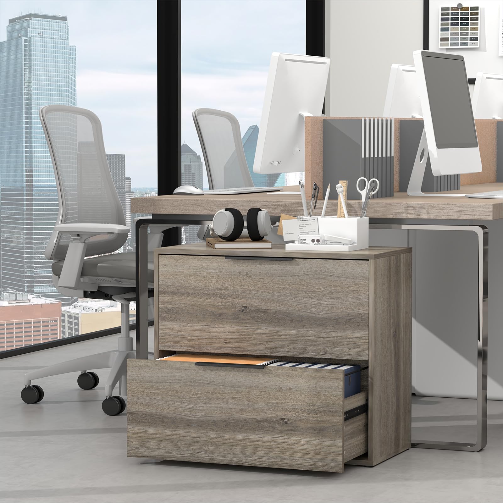 2-Drawer Wooden Lateral File Cabinet for Home Office - Farmhouse Style with Hanging Bars for Letters/Legal (Grey) - Perfect for Organizing Documents in Small Spaces & Home Offices