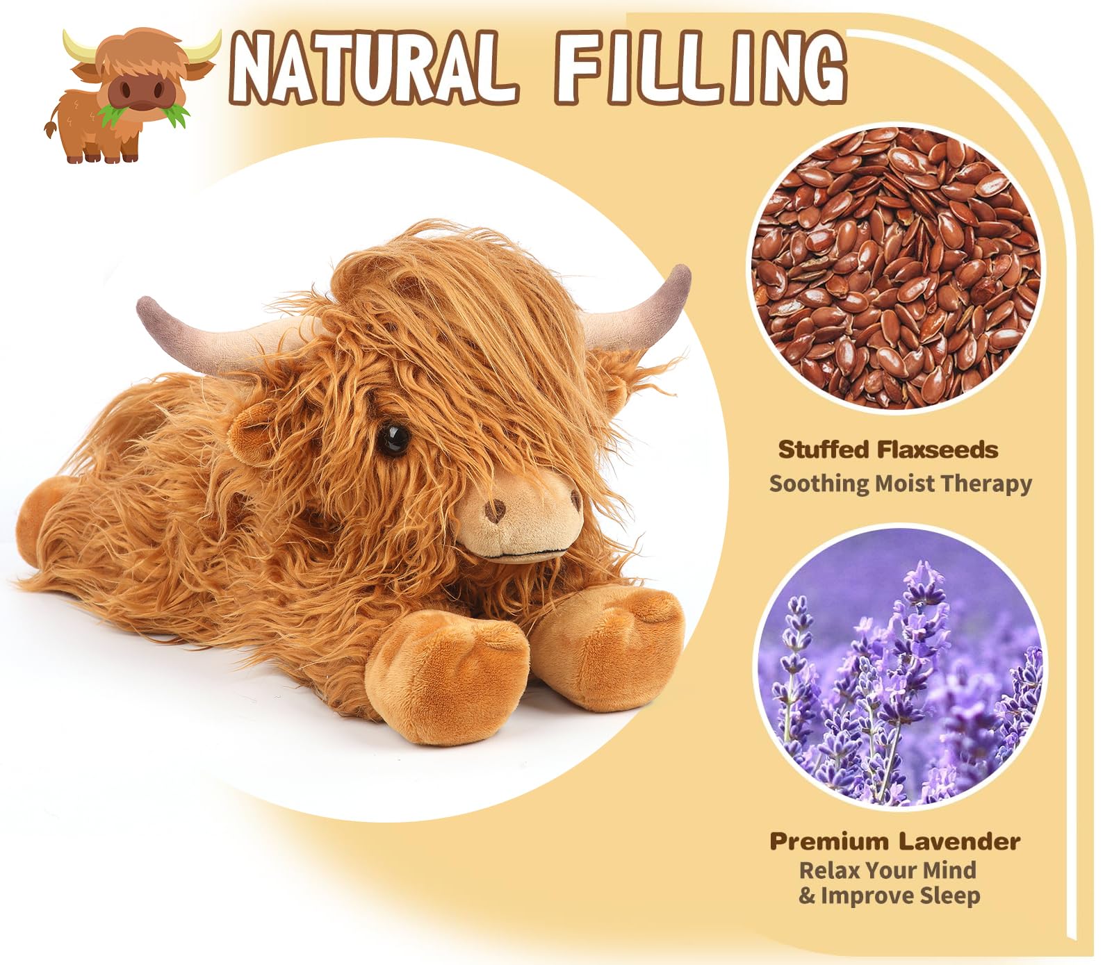 Heatable Highland Cow Plush Toy - Microwaveable Stuffed Animal for Pain Relief & Stress, Lavender Scented Warmable & Coolable Cow Plushie for Anxiety, Women & Kids | Perfect for Bedtime, Cramp Relief & Relaxation