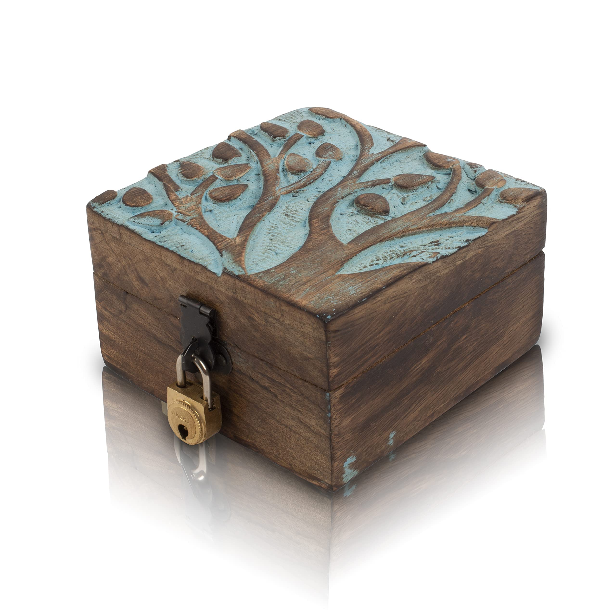 Handmade Wooden Jewelry Box with Tree of Life Carving - Lockable Keepsake Storage Box for Rings, Necklaces & Watches - Perfect Birthday Gift, Anniversary Present & Home Decor Organizer (Blue)