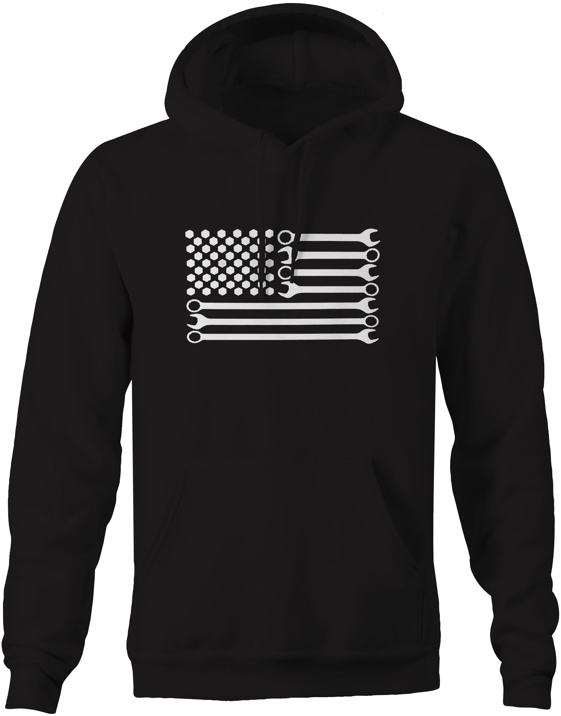 PCR Mechanic Wrench American Flag Hoodies for Men - Black Pullover Sweatshirt | Patriotic Workwear & Casual Style for Auto Repair, Car Enthusiasts & Outdoor Activities