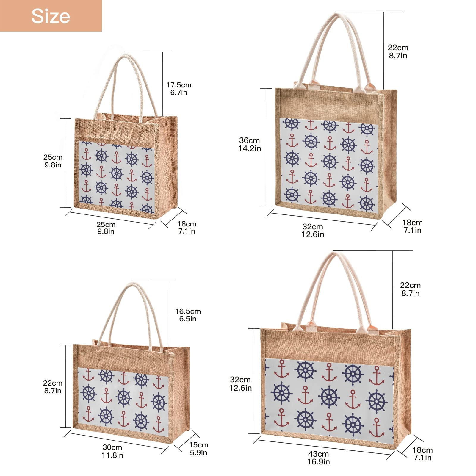 Stylish Sinestour Nautical Jute Tote Bag with Pockets - Eco-Friendly Reusable Grocery & Beach Tote for Women - Perfect for Shopping, Farmers Market & Summer Outings