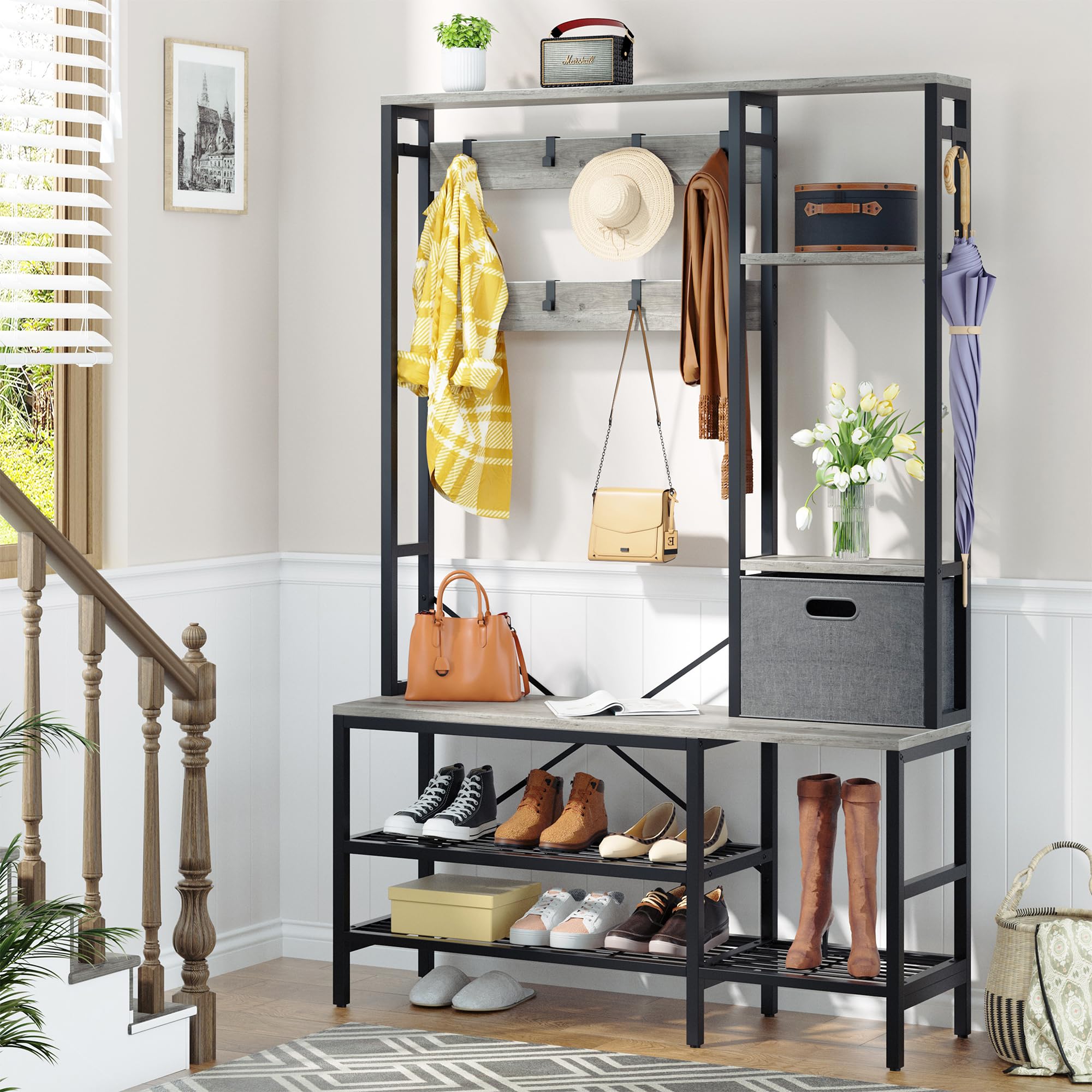 Meilocar 5-in-1 LED Hall Tree with Bench - Free Standing Coat Rack with Shoe Storage, Fabric Baskets & Side Hooks - Perfect for Entryway, Foyer, Mudroom & Home Organization (Gray)