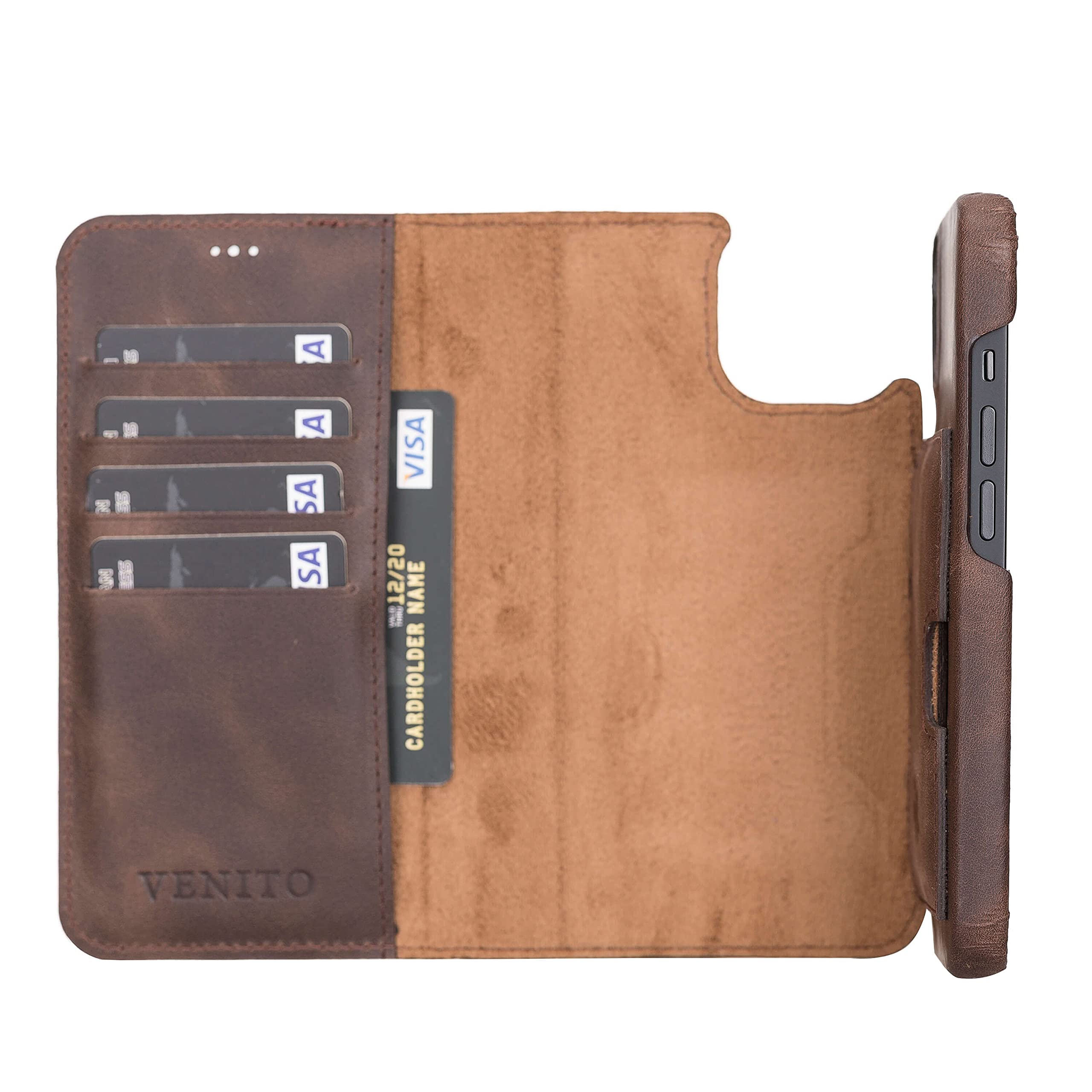 Venito Florence Genuine Leather Wallet Phone Case for iPhone 13 (6.1 Inch) - RFID Blocking Protection - Detachable Card Holder - Coffee Brown - Perfect for Travel, Work & Everyday Use