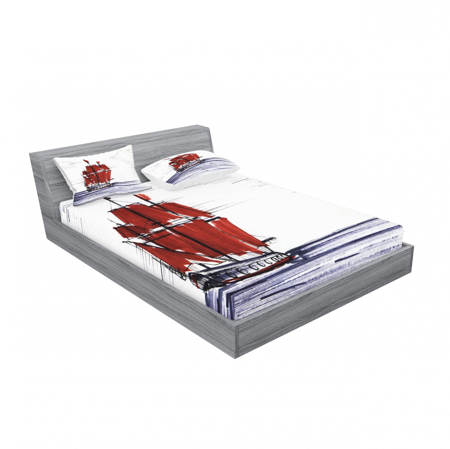 Ambesonne 2-Pack Queen Size Fitted Sheet & Pillow Sham Set - Nautical Sailing Ship Design, Dark Purple Ruby Black 4-Piece Bedding Set for Coastal & Maritime Themed Bedrooms