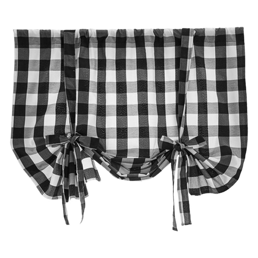 FAKEME Black Plaid Gingham Farmhouse Window Curtains - Adjustable Tie-Up Kitchen & Cafe Curtain Shades (60x120cm) for Rustic Home Decor, Perfect for Farmhouse Kitchens, Dining Rooms and Cozy Breakfast Nooks