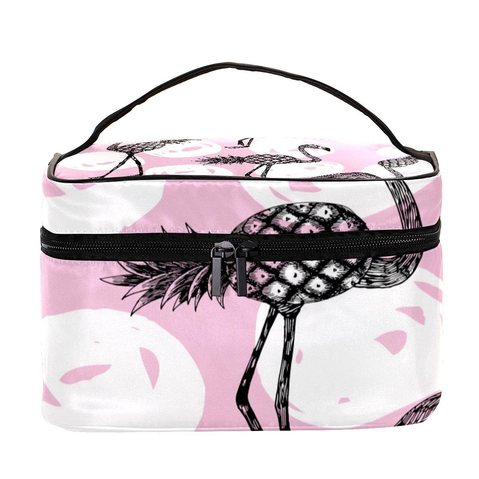 Stylish Pink Flamingo & Pineapple Pattern Large Travel Makeup Bag - Waterproof Cosmetic Organizer with Zipper for Women & Girls | Perfect for Vacation, Gym, Beach Trips & Daily Use