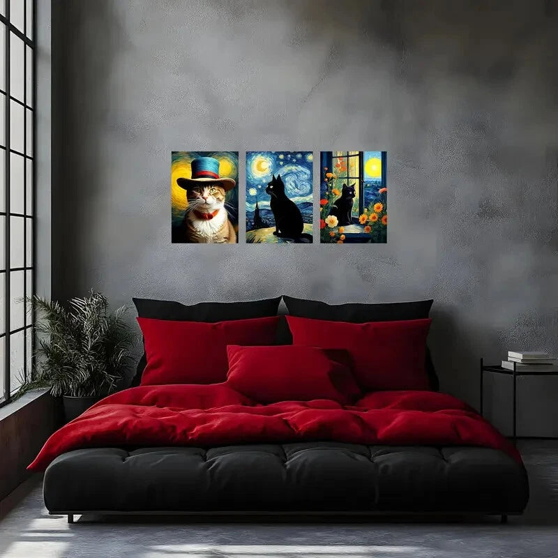 3-Piece Masterpieces Cat Mural Metal Wall Art - Ready to Hang Canvas Prints for Living Room, Bedroom & Office Decor