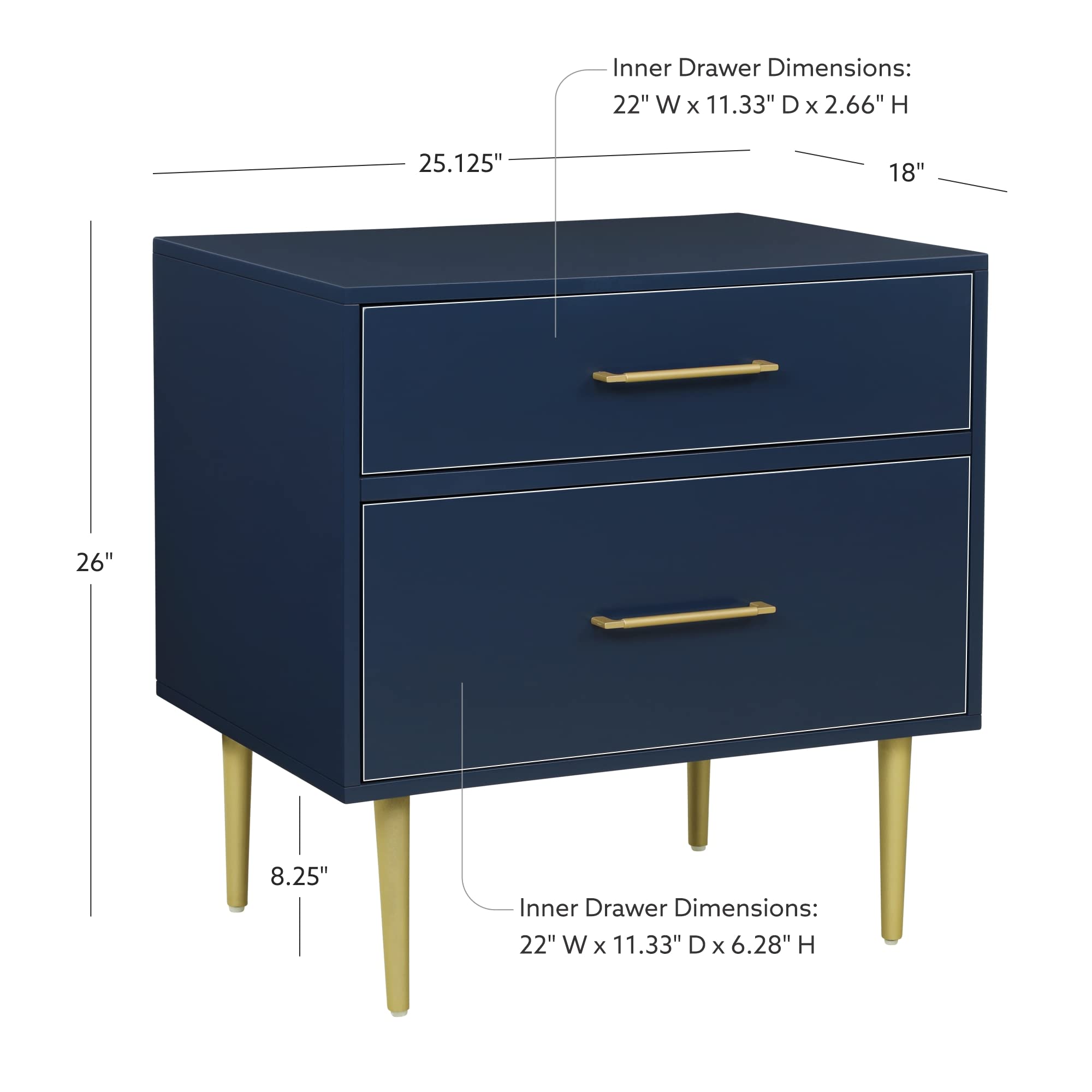 Linon Lennon Modern Navy Nightstand with Gold Hardware - 2 Drawer Bedside Table for Bedroom, Living Room & Office Storage