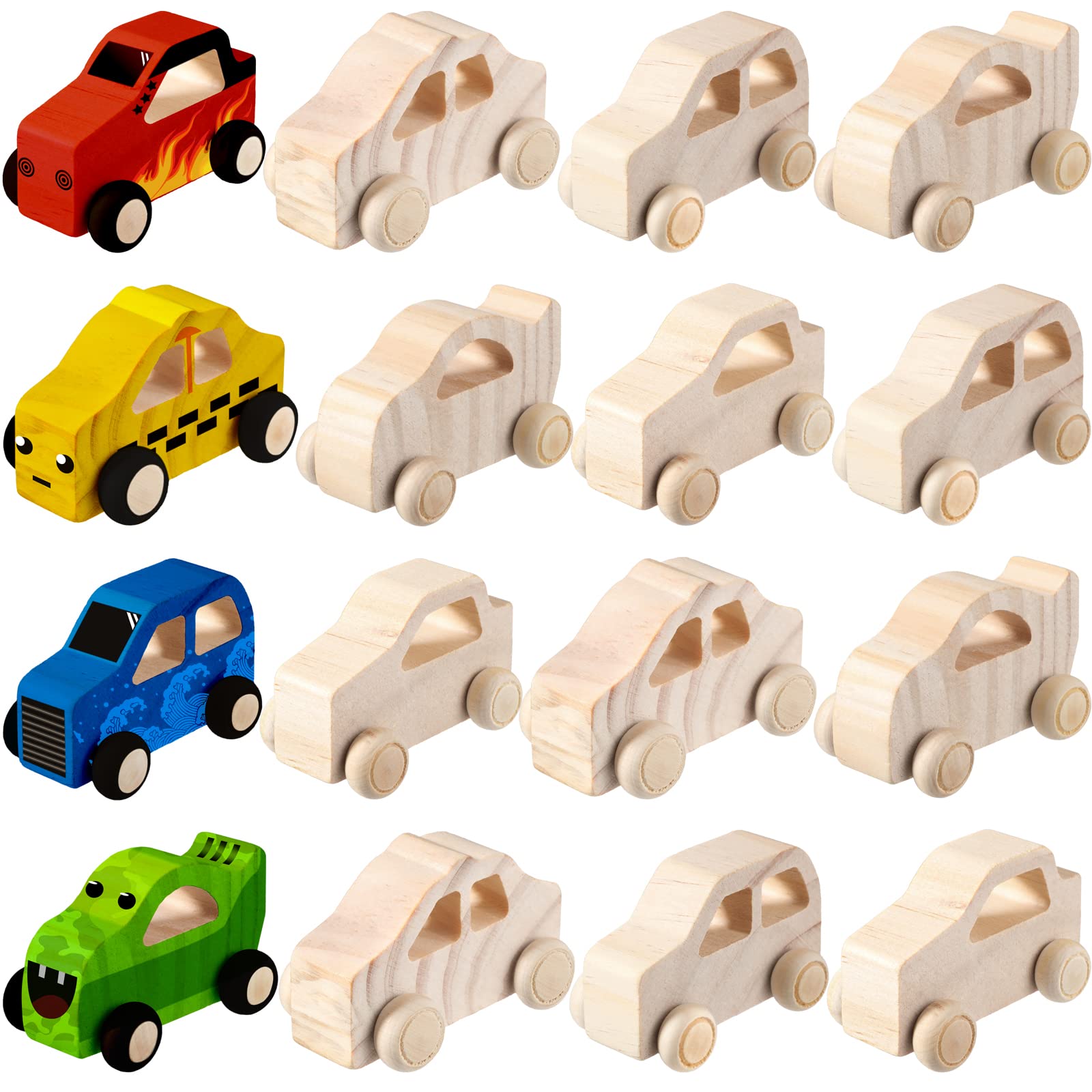 Chivao 12 Pcs Unfinished Wooden Car Toys - DIY Paintable Wood Crafts for Kids, Students & Home Activities | Easy Woodworking Projects for Creative Play & Learning (Vivid Style)