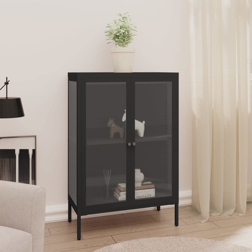FAMIROSA Modern Black Steel & Glass Sideboard Cabinet - 29.5