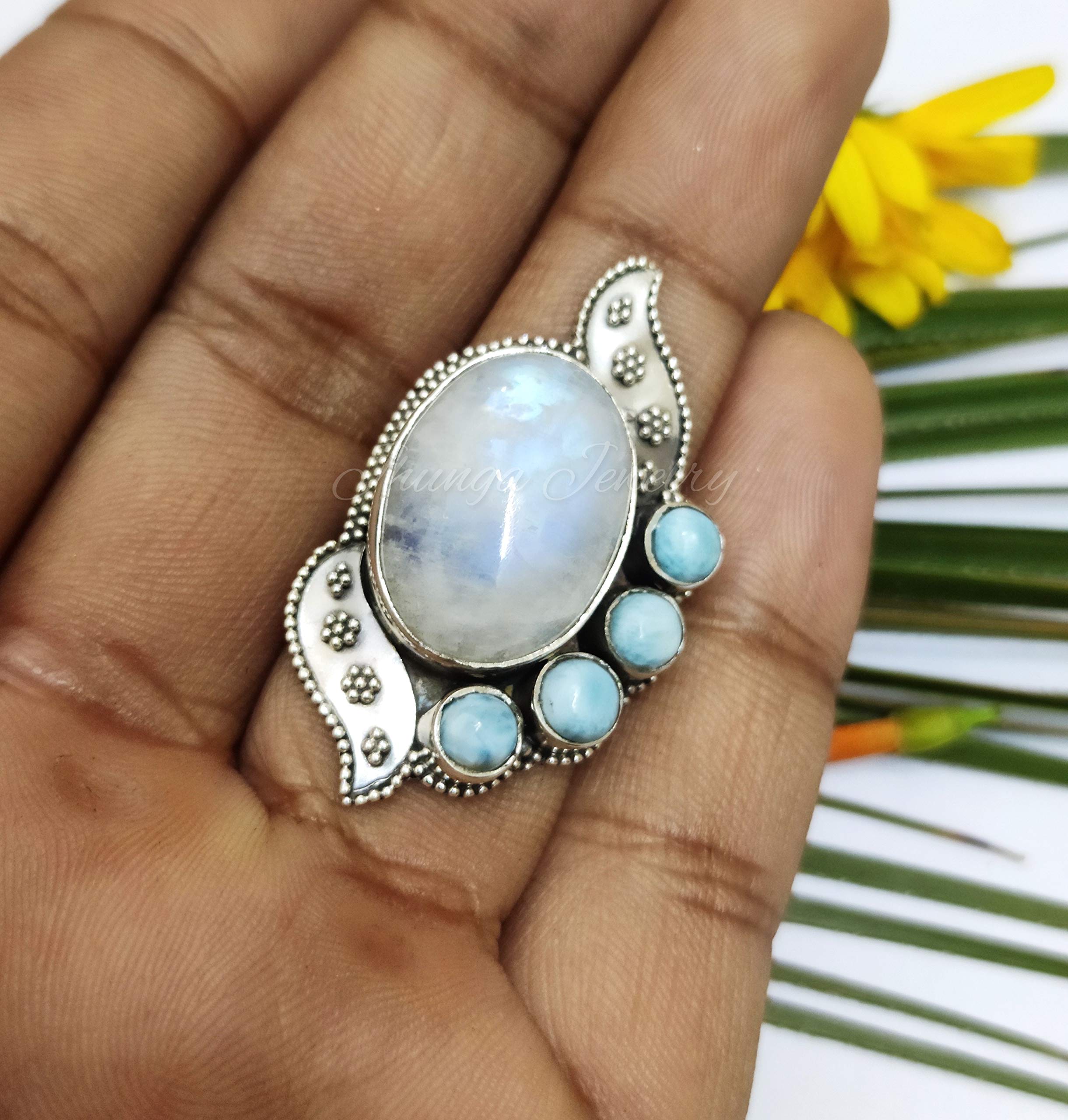 Natural Moonstone & Larimar Sterling Silver Ring - Antique Vintage Unique Jewelry - Five Stone Bohemian Statement Ring - Handmade Dominican Republic Larimar Jewelry - Perfect for Boho Chic Outfits, Beach Weddings & Spiritual Healing