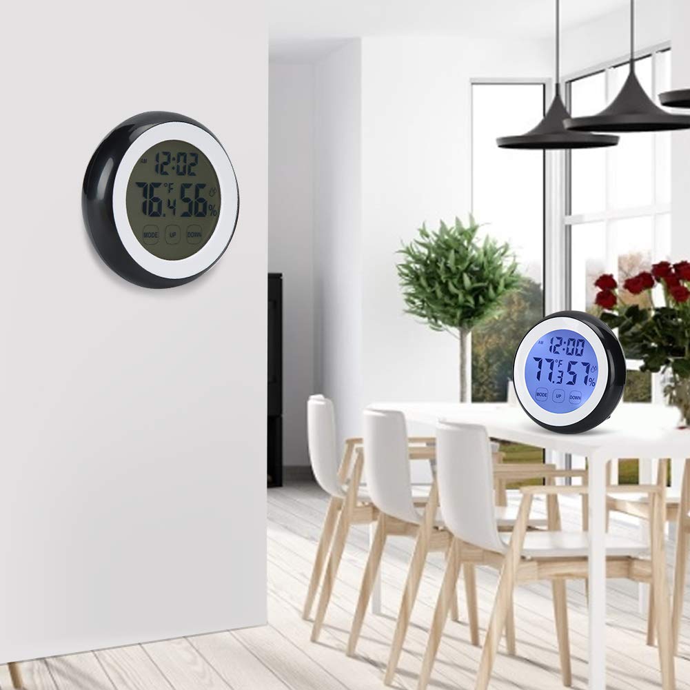Digital Alarm Clock with Touch Control, Temperature & Humidity Display - Round Design for Heavy Sleepers, Bedside Table, Home & Office Use