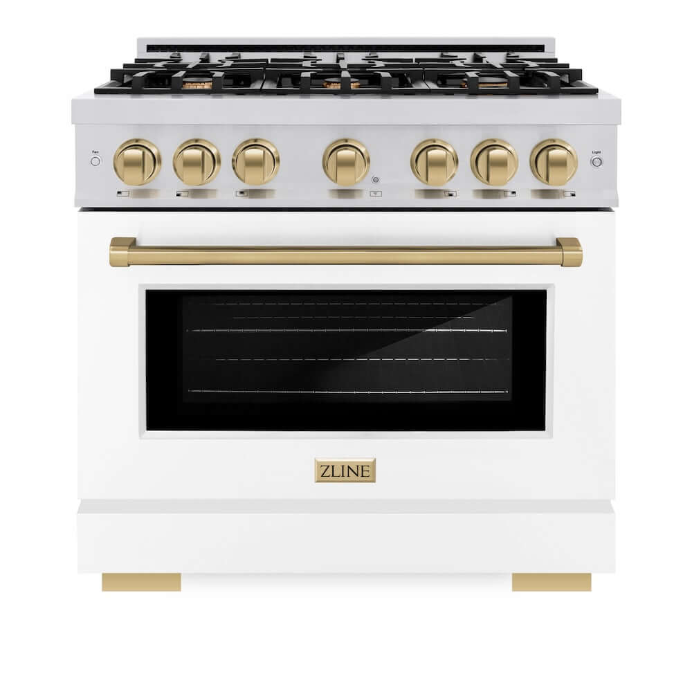 ZLINE Autograph Edition 36-inch 5.2 cu. ft. Stainless Steel Gas Range with 6 Burner Cooktop, Convection Oven, White Matte Door & Champagne Bronze Accents - Perfect for Professional Home Chefs & Modern Kitchens (HGRZ WM 36 CB)