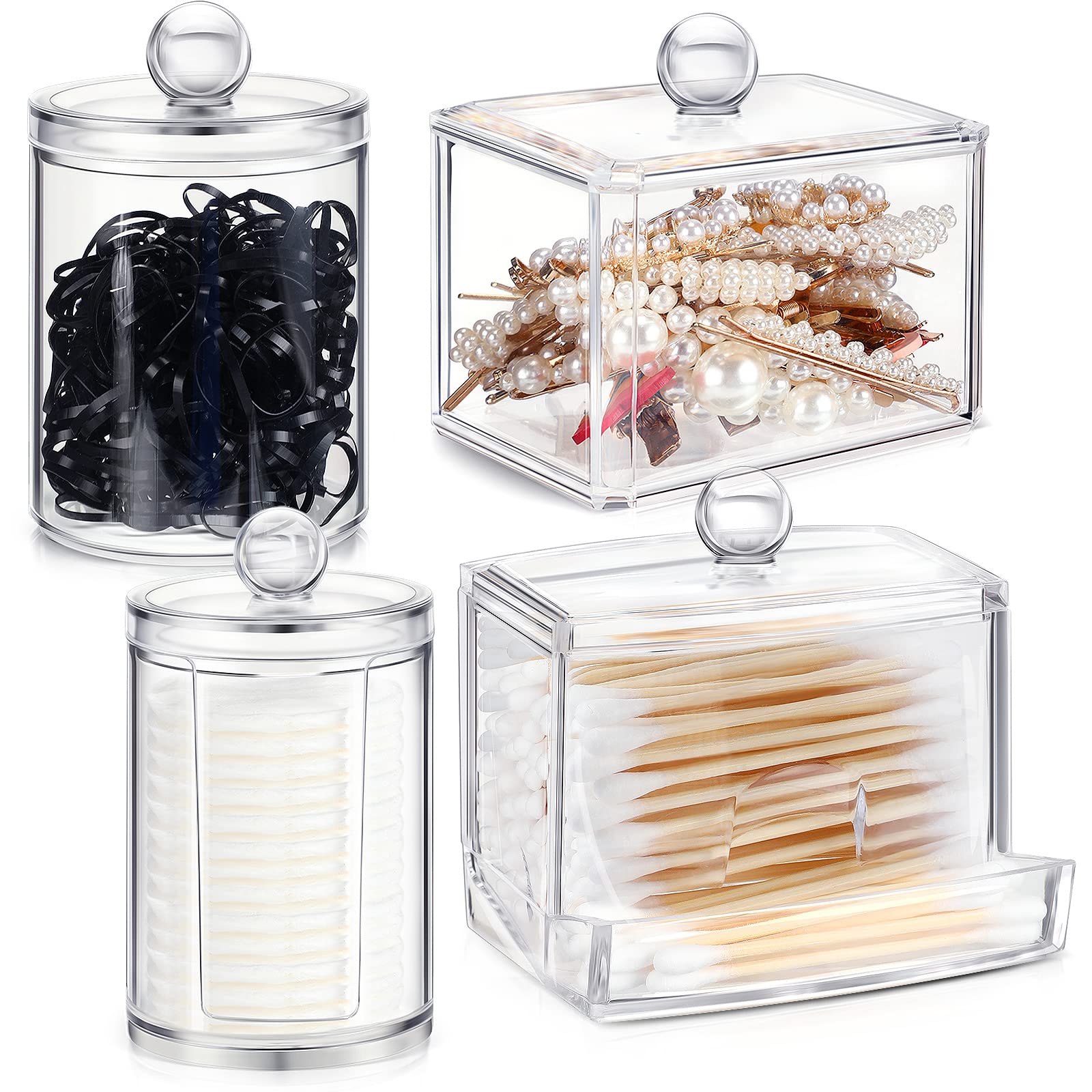 4-Piece Cotton Swab Holder Dispenser Set - Plastic Apothecary Jars with Lids for Bathroom Organization, Floss Picks & Makeup Storage - Perfect for Vanity Countertops, Medicine Cabinets and Spa-Style Decor