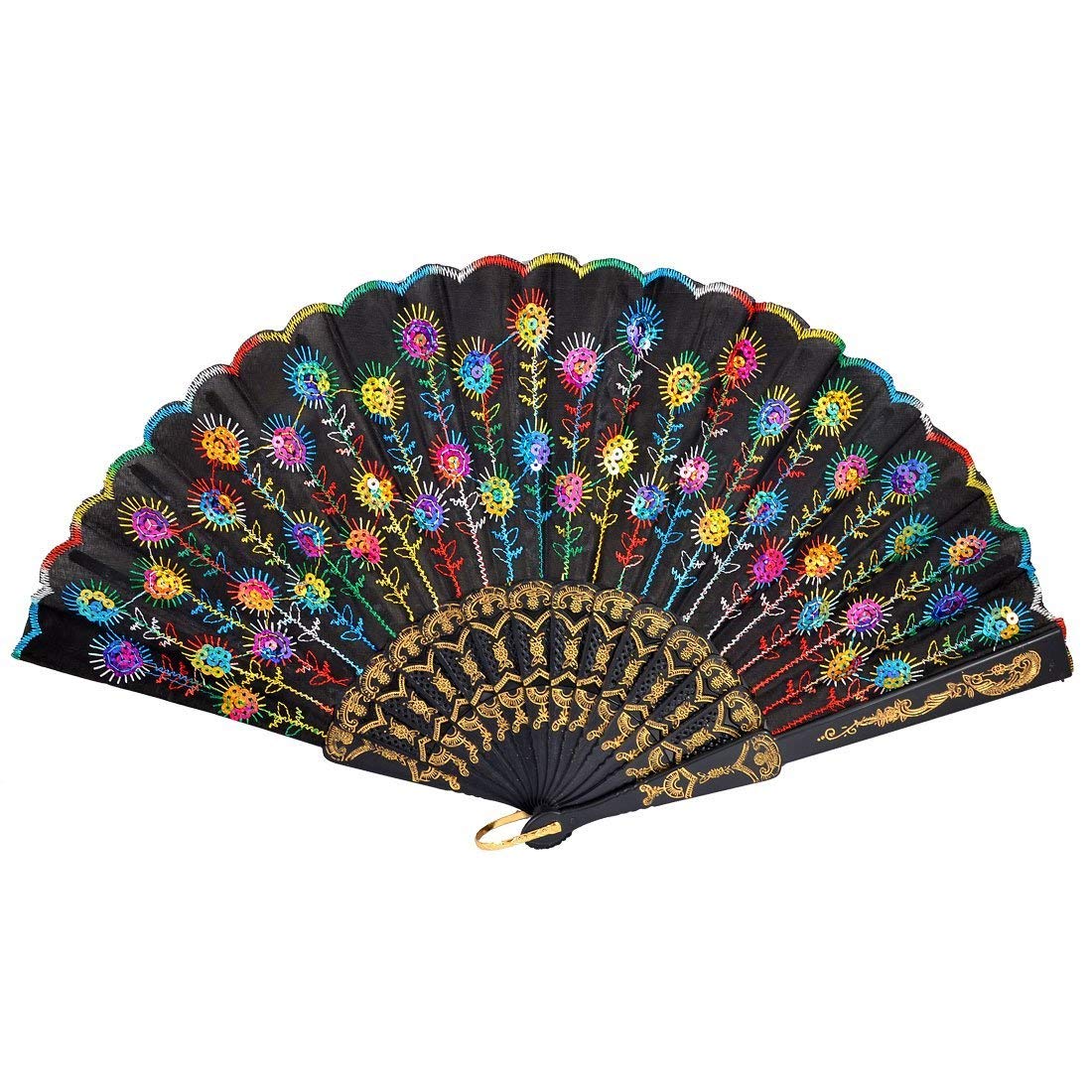 Embroidered Flower Folding Fan for Women - Elegant Black Cloth Hand Fan for Summer & Events