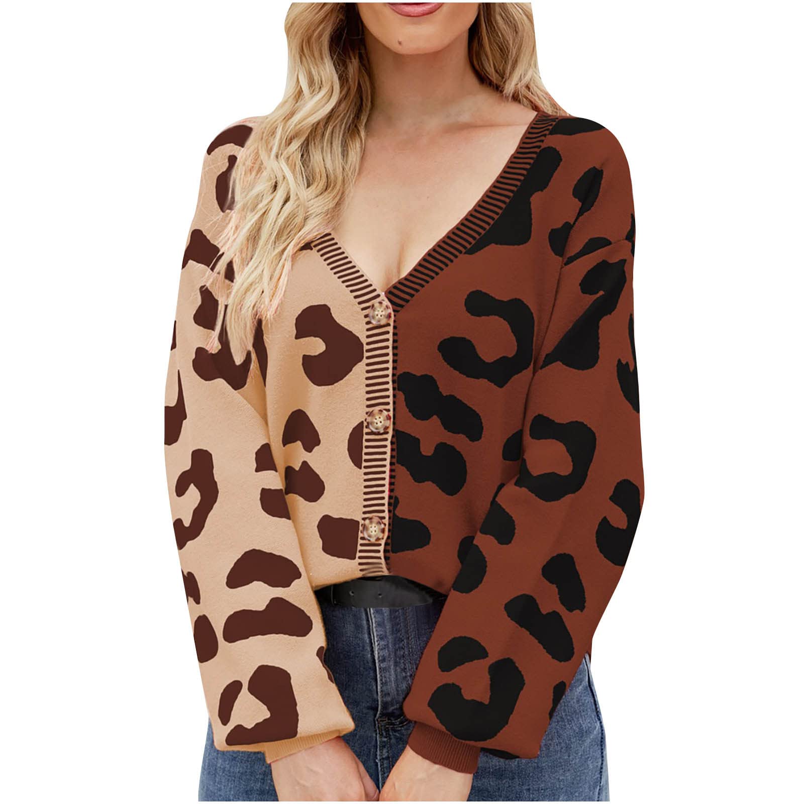 Women's Leopard Knit Cardigan - Open Front V-Neck Sweater for Casual Outfits