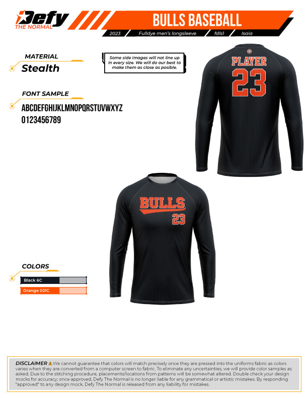 Bulls Baseball Black Long Sleeve Men's Full Dye Jersey - Comfortable Performance Jersey for Baseball Games, Training & Fan Apparel