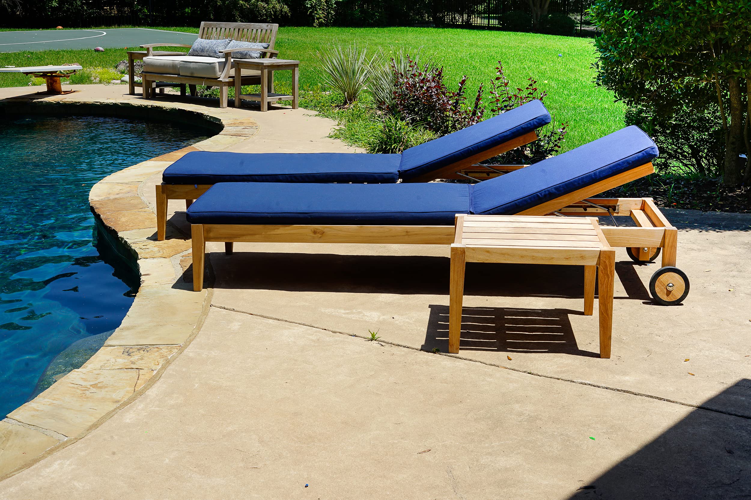 Premium Teak Outdoor Chaise Lounge with Sunbrella Navy Fabric - 4-Position Adjustable Patio Recliner for Poolside, Beach & Backyard Relaxation