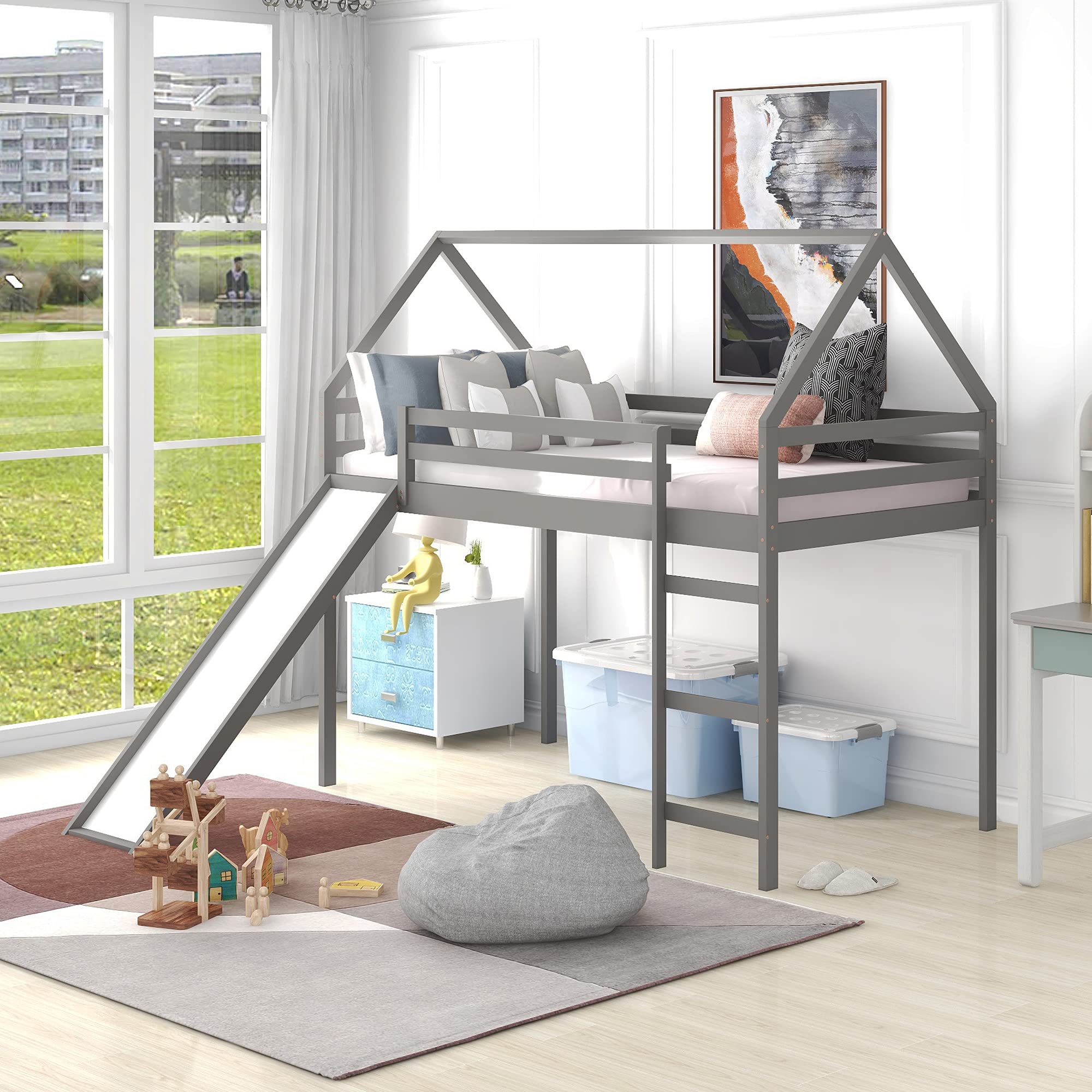 Twin Size Loft Bed with Slide - Kids House Bed with Roof & Ladder, Space-Saving Wooden Bed Frame, No Box Spring Needed (Gray) - Perfect for Small Bedrooms, Playrooms & Kids' Sleepovers