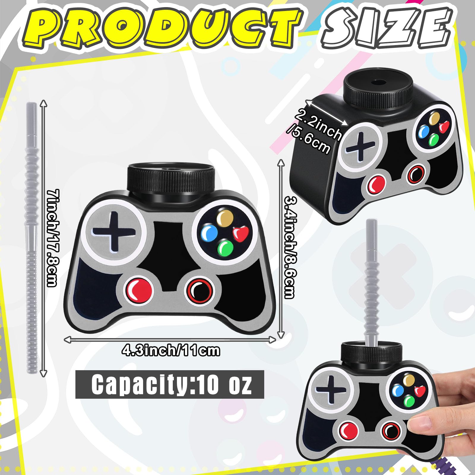 12 Pack 10oz Plastic Video Game Themed Cups with Straw & Lid - Gray Gaming Party Drinkware for Boys Birthday, Game Night & Esports Events