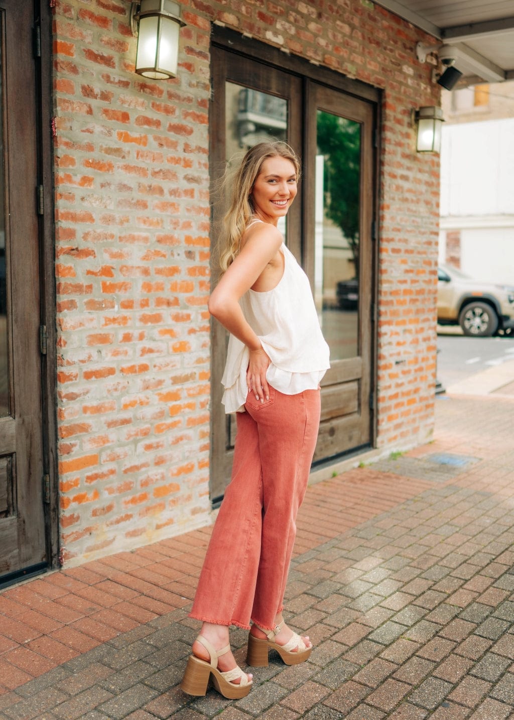 Brick Red Frayed Straight Leg Jeans for Women | Distressed Denim Pants | Casual & Streetwear Style | Perfect for Everyday Wear, Outings & Fashion Looks