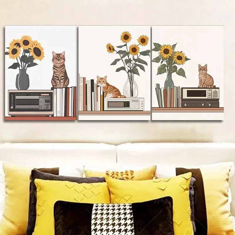 3-Piece 'Cat Sitting on Table' Framed Wall Art Set - 40x60cm High Quality Canvas Prints | Australian Made | Ready to Hang | Perfect for Living Room, Bedroom & Office Decor