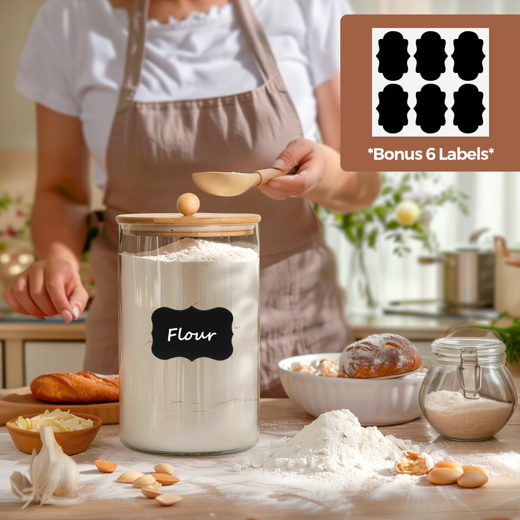 ComSaf 1 Gallon Glass Cookie Jar with Airtight Lid - Set of 2 Large 128oz Pantry Storage Containers for Flour, Sugar, Oatmeal, Pasta & Dry Foods - Includes Measuring Spoon & Seal Clip - Perfect for Kitchen, Baking & Bulk Food Organization