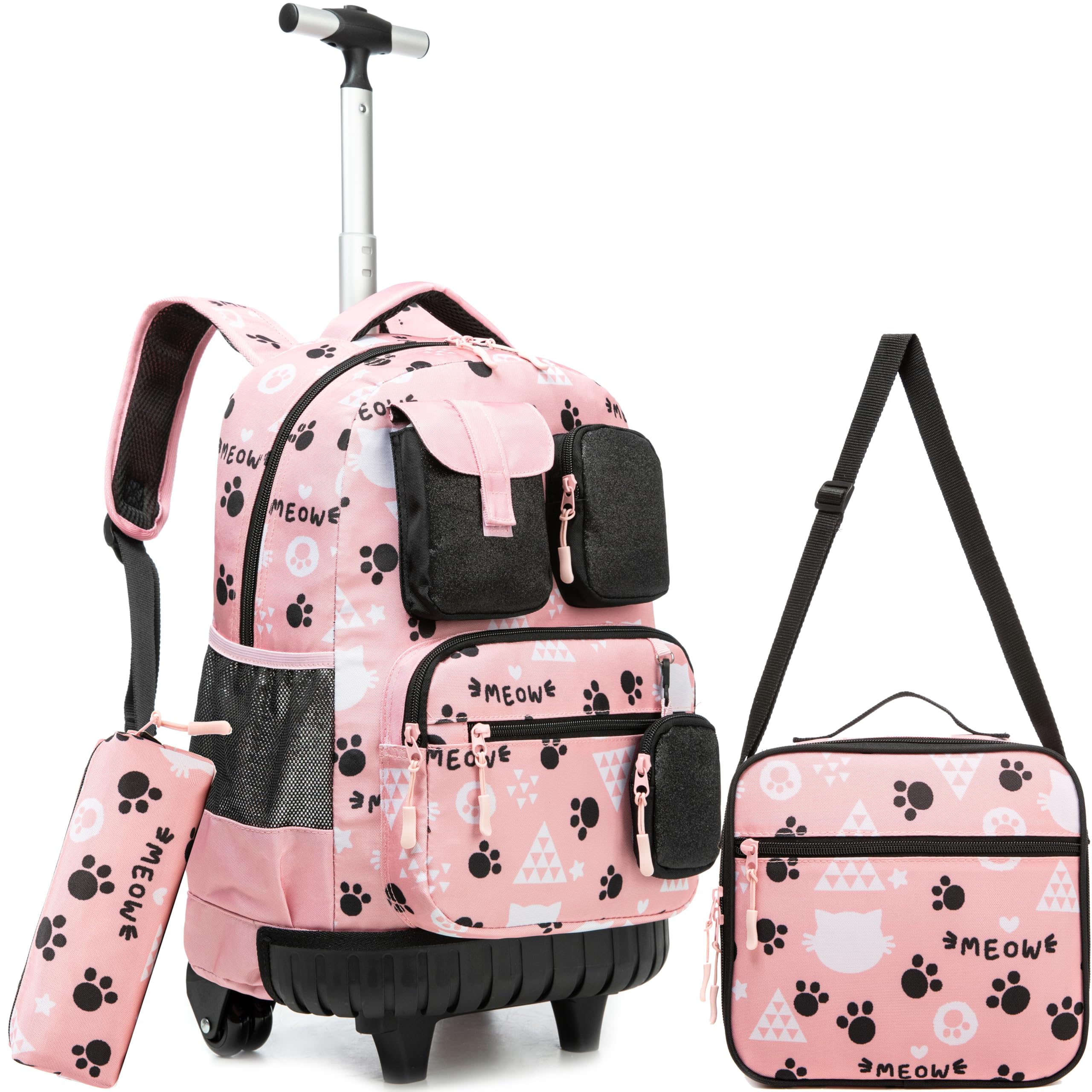 **Meetbelify Cute Cat Rolling Backpack for Girls - Kids Wheeled Backpack with Wheels, Lunch Box & Pencil Case - Elementary School Backpack for Travel, School Supplies & Daily Use**