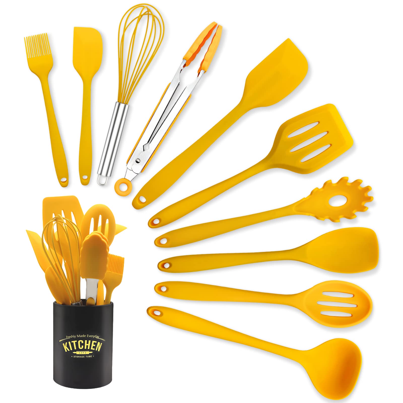 11-Piece Non-Stick Silicone Kitchen Utensil Set with Iron Holder - Yellow Cooking Tools for Baking, Frying & Grilling - Perfect Gift for Home Chefs & Cooking Enthusiasts