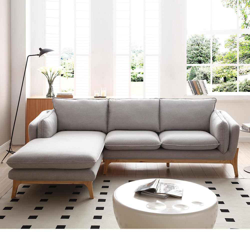 BRONTE 3-Seater Sofa with Left Chaise in Light Grey & Oak - Modern Living Room Furniture for Small Spaces