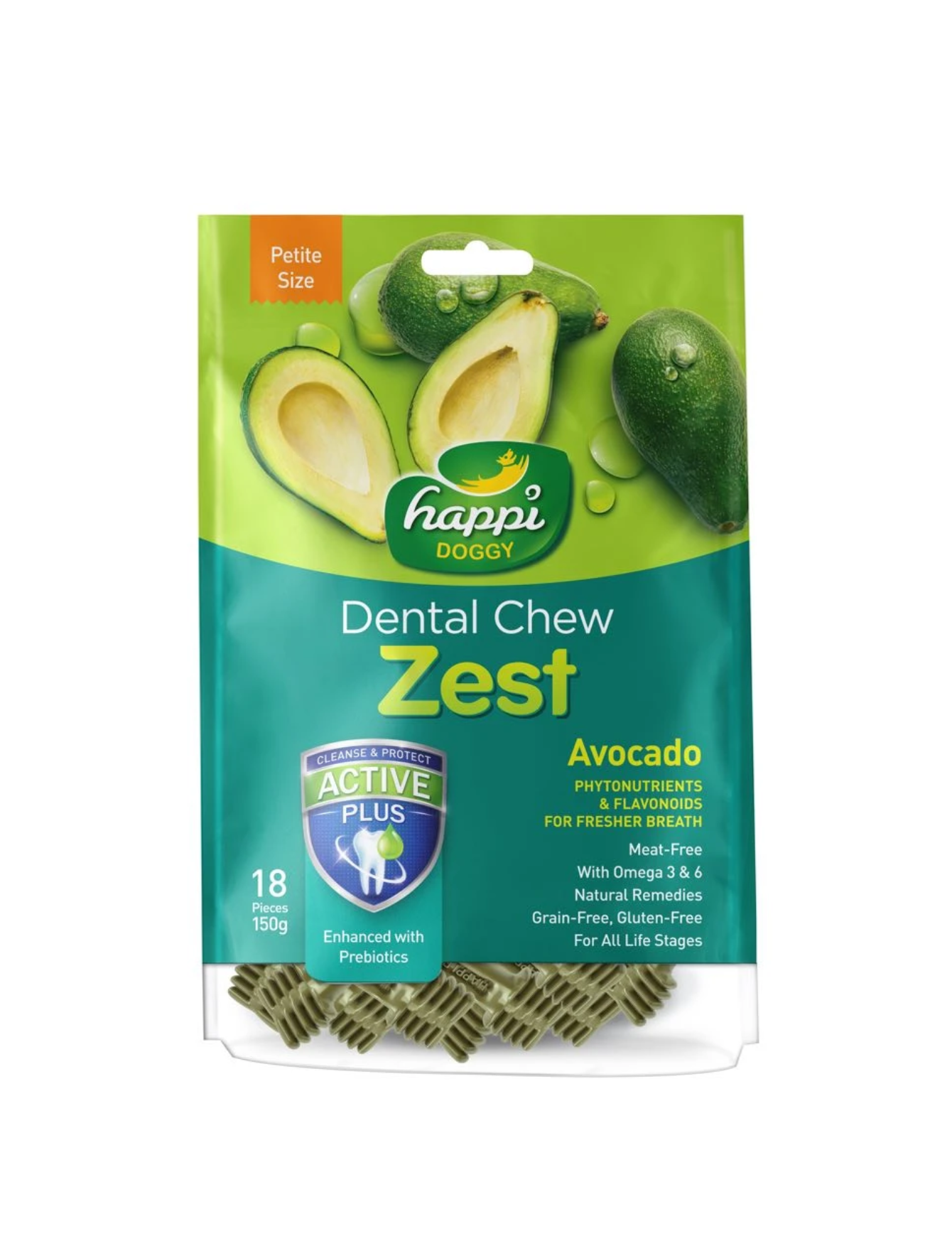 Happi Doggy Dental Chew Zest Petite Avocado Flavor Dog Treats 150g - Healthy Teeth Cleaning Snacks for Small Dogs, Perfect for Training Rewards and Oral Care