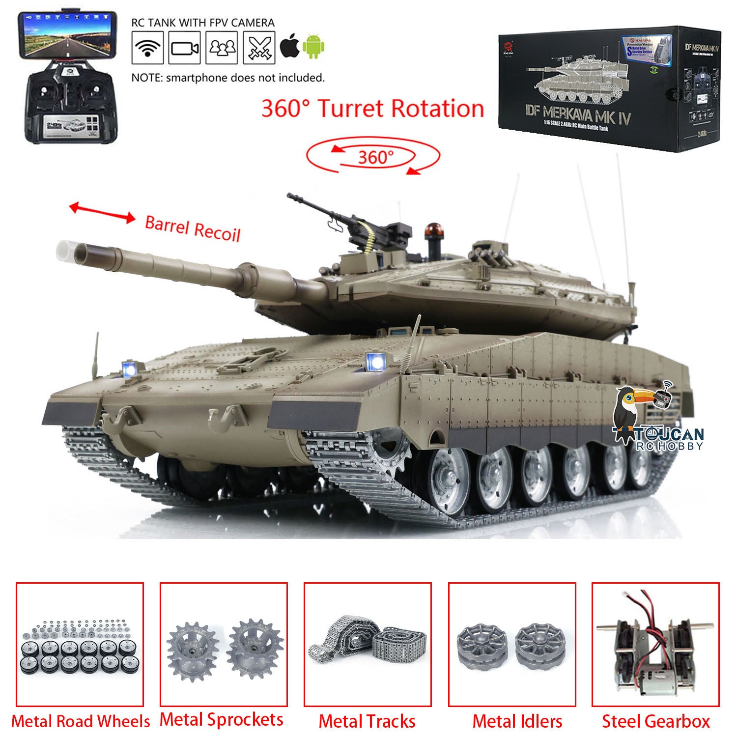 Heng Long 1/16 Scale Remote Control Tank - IDF Merkava MK IV Pro Edition with Metal Road Wheels & Tracks | FPV RC Military Vehicle for Adults & Collectors | Battle Simulation & Outdoor Play