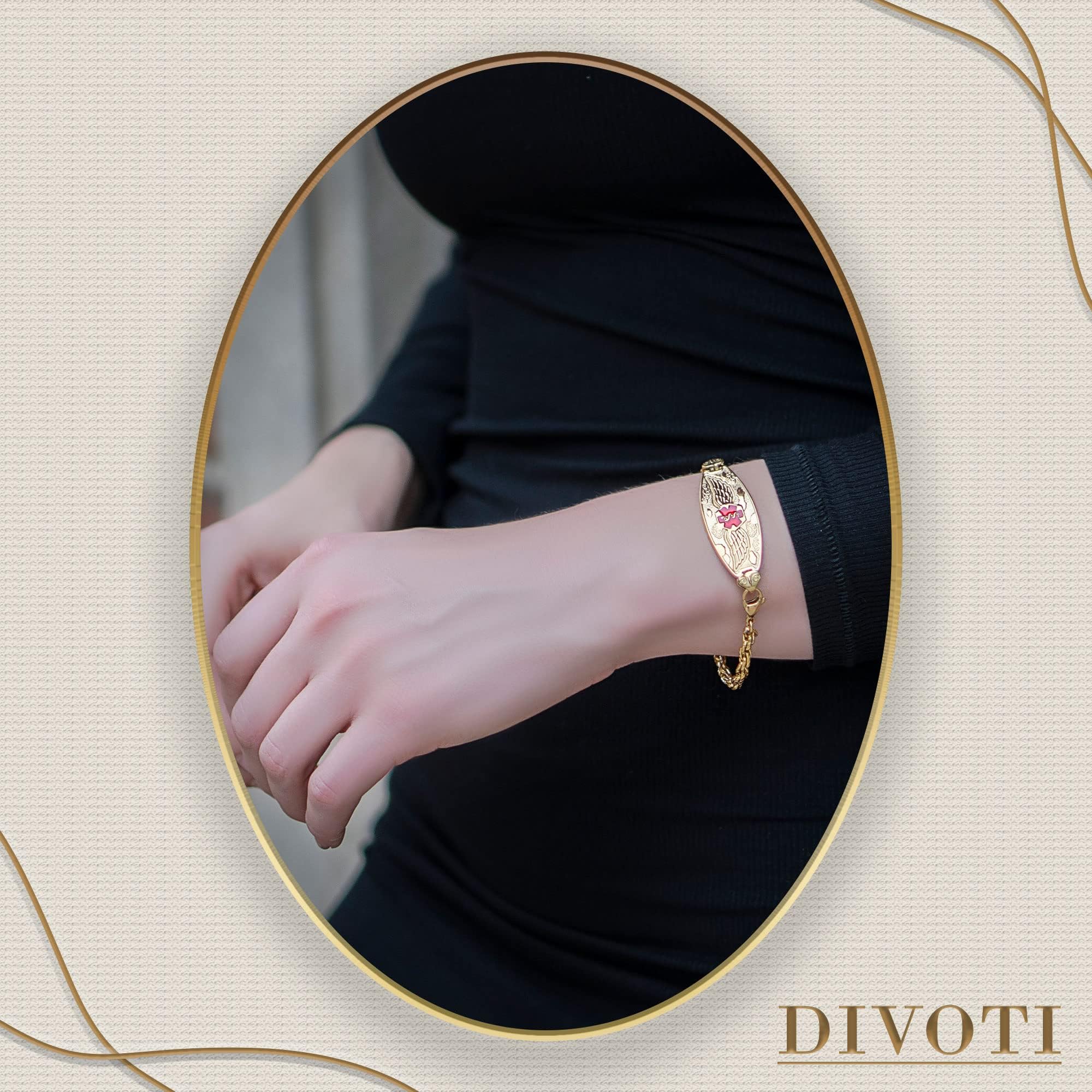 Divoti Custom Engraved Angel Wing Medical ID Bracelet for Women - Adjustable Bow Link Design, Emergency Alert Jewelry for Diabetes, Allergies & Medical Conditions - Perfect for Everyday Wear & Special Occasions