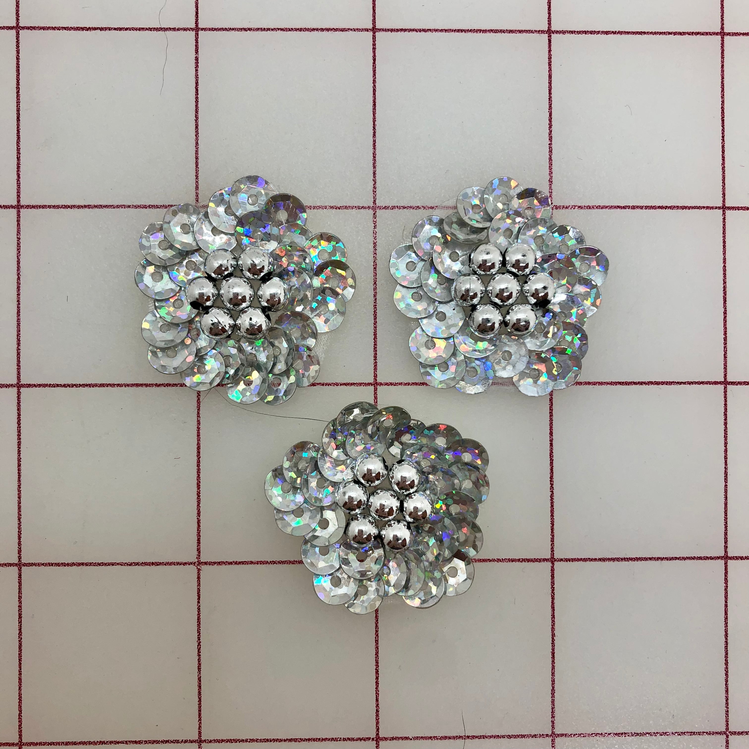 3 Pack Silver Sequined Flower Iron-On Appliques for DIY Clothing, Costumes & Crafts – Perfect for Embellishing Dresses, Jackets, Bags & Home Decor