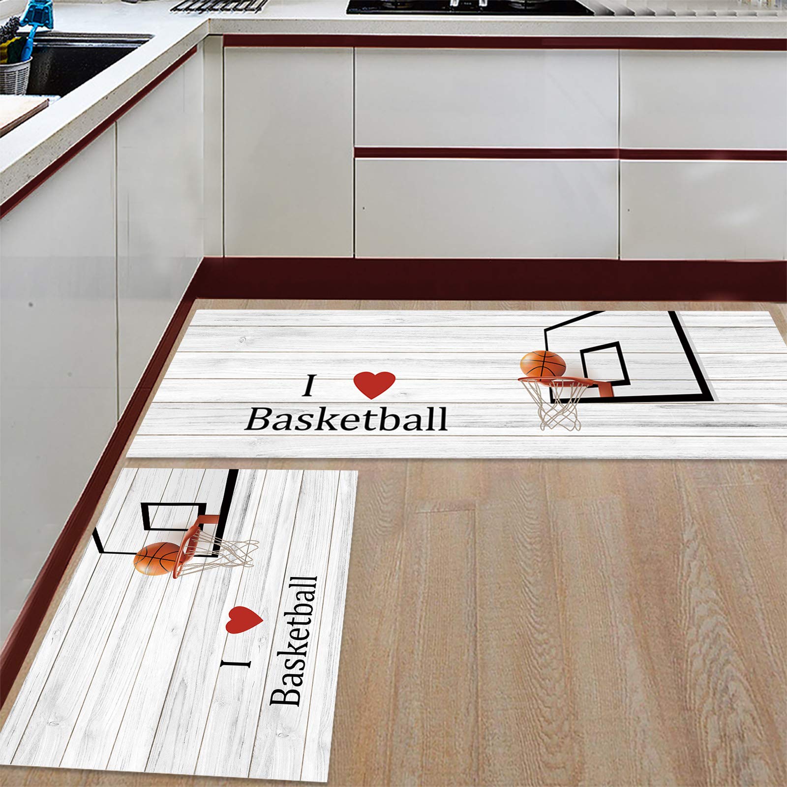 Non-Slip Kitchen Rugs and Mats Set of 2 - Cushioned Comfort Runner for Living Room, Bathroom & Standing Desk - Basketball Design with Hoop on Wood - Perfect for Entrance, Kitchen Floor, and High-Traffic Areas - Ideal for Home, Office, and Sports Enthusiasts