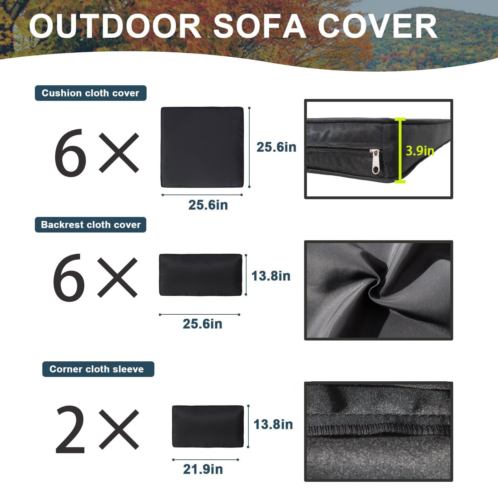 Waterproof Outdoor Patio Cushion Covers Set of 14 - Replacement Furniture Covers for Sofa, Chair & Bench - All Weather Durable UV Resistant - Black (Covers Only) - Perfect for Backyard, Deck & Poolside Lounging