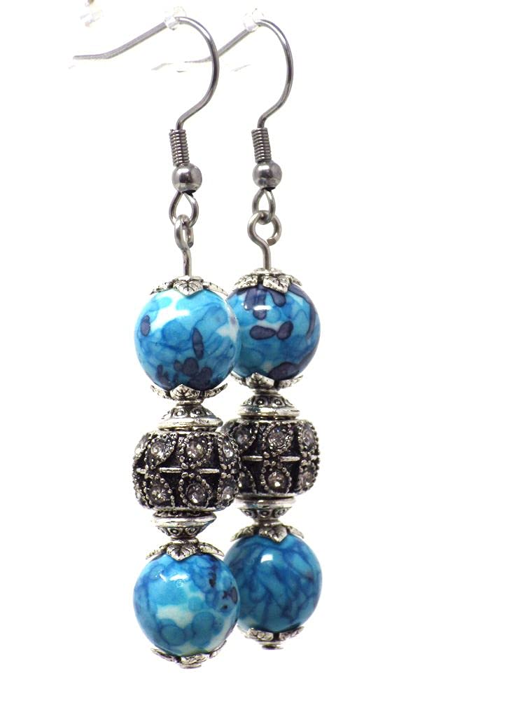 Stainless Steel Earrings with Blue & White Jade Beads & Crystals - Elegant Dangle Jewelry for Women, Gift for Her, Perfect for Parties, Weddings & Everyday Wear