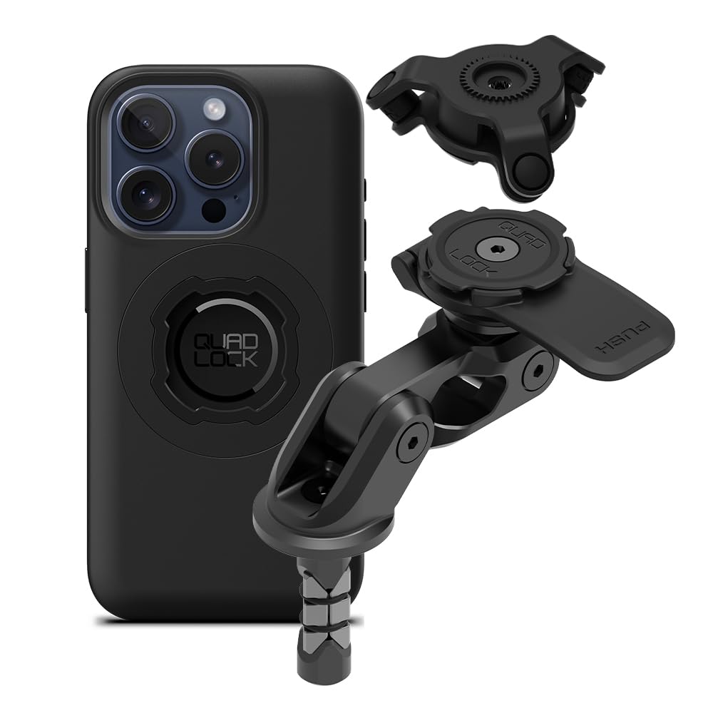 Quad Lock Motorcycle Fork Stem Mount PRO Kit with Vibration Dampener & MAG Phone Case for iPhone 15 Pro - Secure Phone Holder for Adventure Riding, Commuting & GPS Navigation