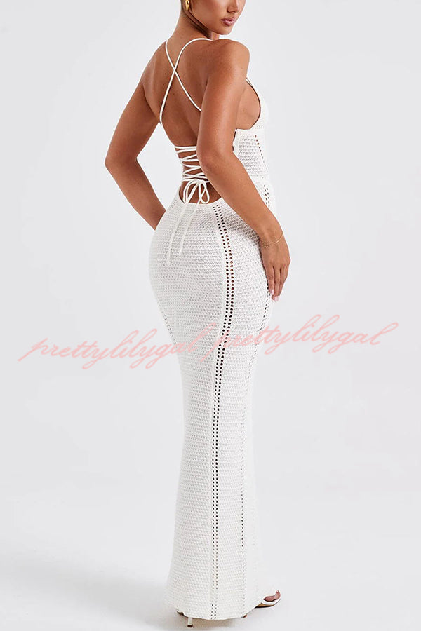 Elegant Knit Crochet Hollow Out Back Lace Up Stretch Maxi Dress for Women - Summer Beach Vacation & Boho Chic Outfit